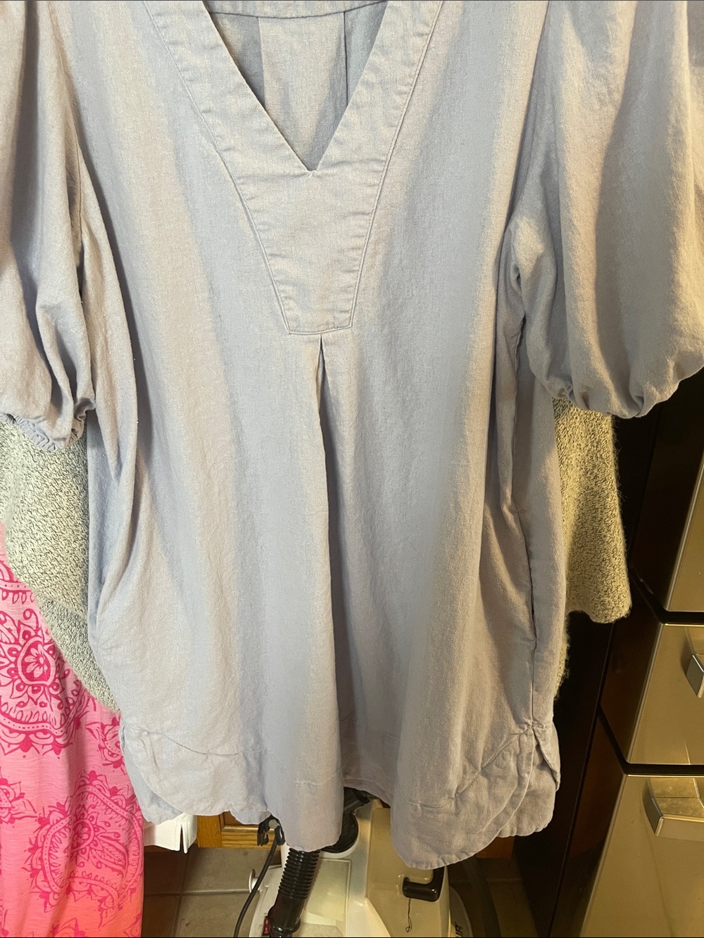 Cynthia Rowley Blue Linen-Blend Puff Sleeve Shirt Dress XL pocket - Picture 6 of 9